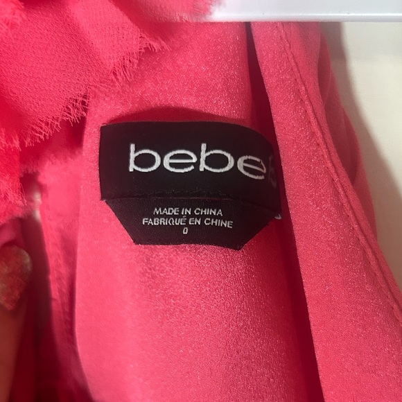 bebe, size 0 coral pink dress, ruffles, silky lining, crisscross back with slits - Picture 4 of 6